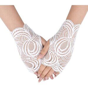 Women's St129-White Elegant Floral Lace Fingerless Short Gloves Party Prom